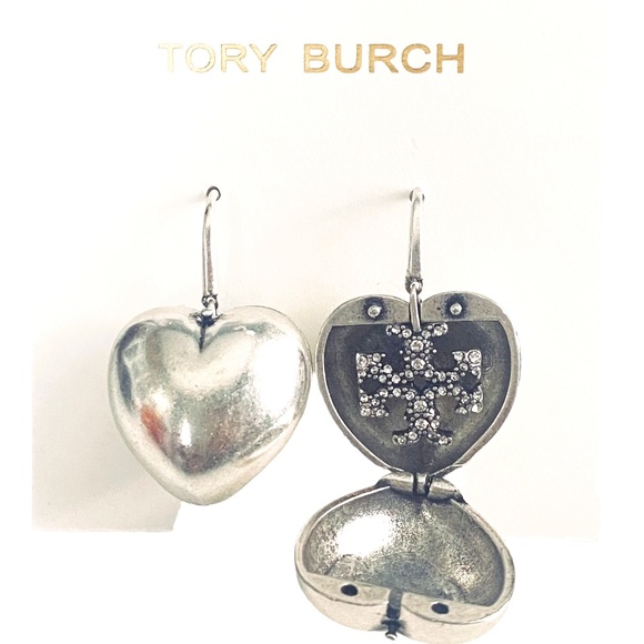 NEW Tory Burch SILVER Hidden Heart Locket Drop Earring Set $225 - Picture 1 of 13